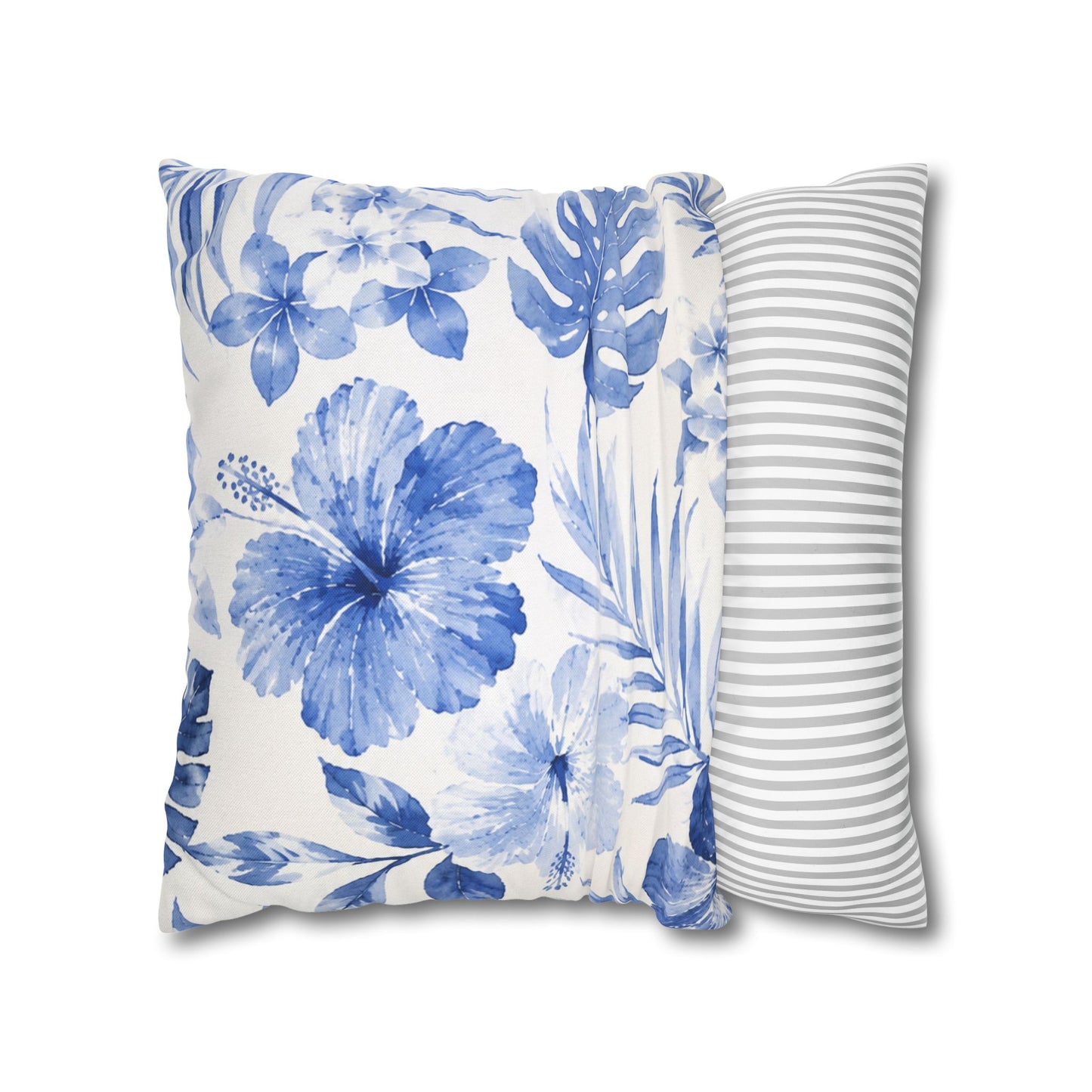 Blue Watercolor Hibiscus Pillowcase | Square Throw Pillow Cover