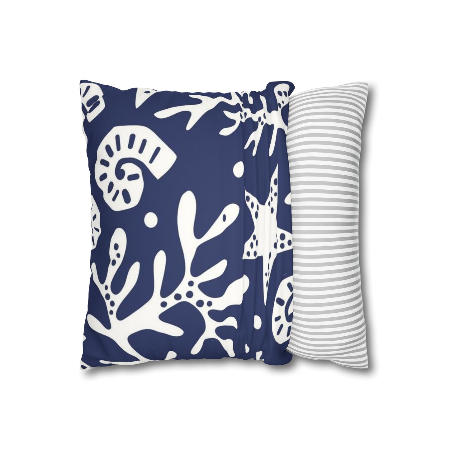 Navy Coastal Coral & Starfish Faux Suede Pillowcase - Square Decorative Throw Pillow Cover