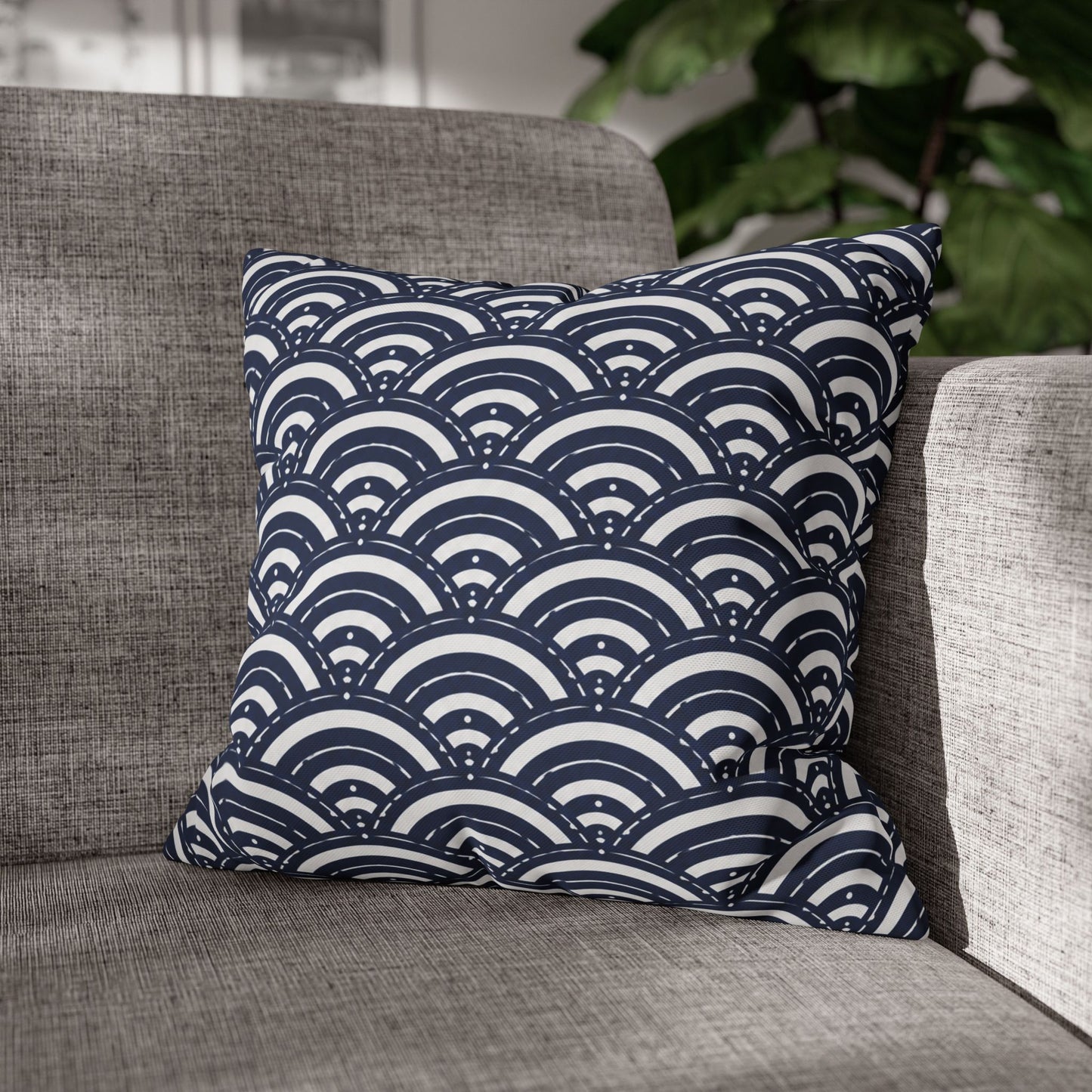 Navy Scallop Pattern Square Pillowcase – Coastal Geometric Throw Pillow Cover
