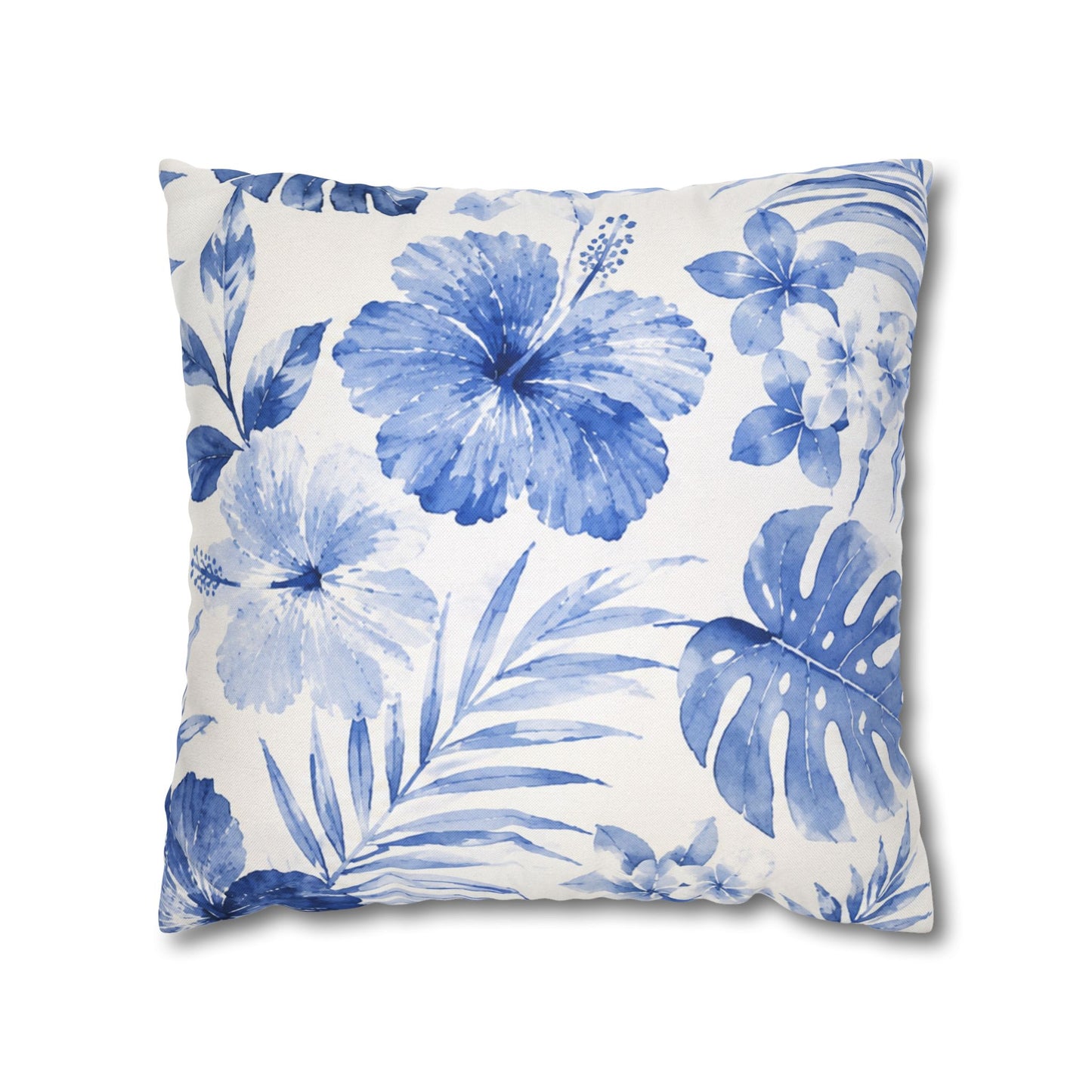 Blue Watercolor Hibiscus Pillowcase | Square Throw Pillow Cover
