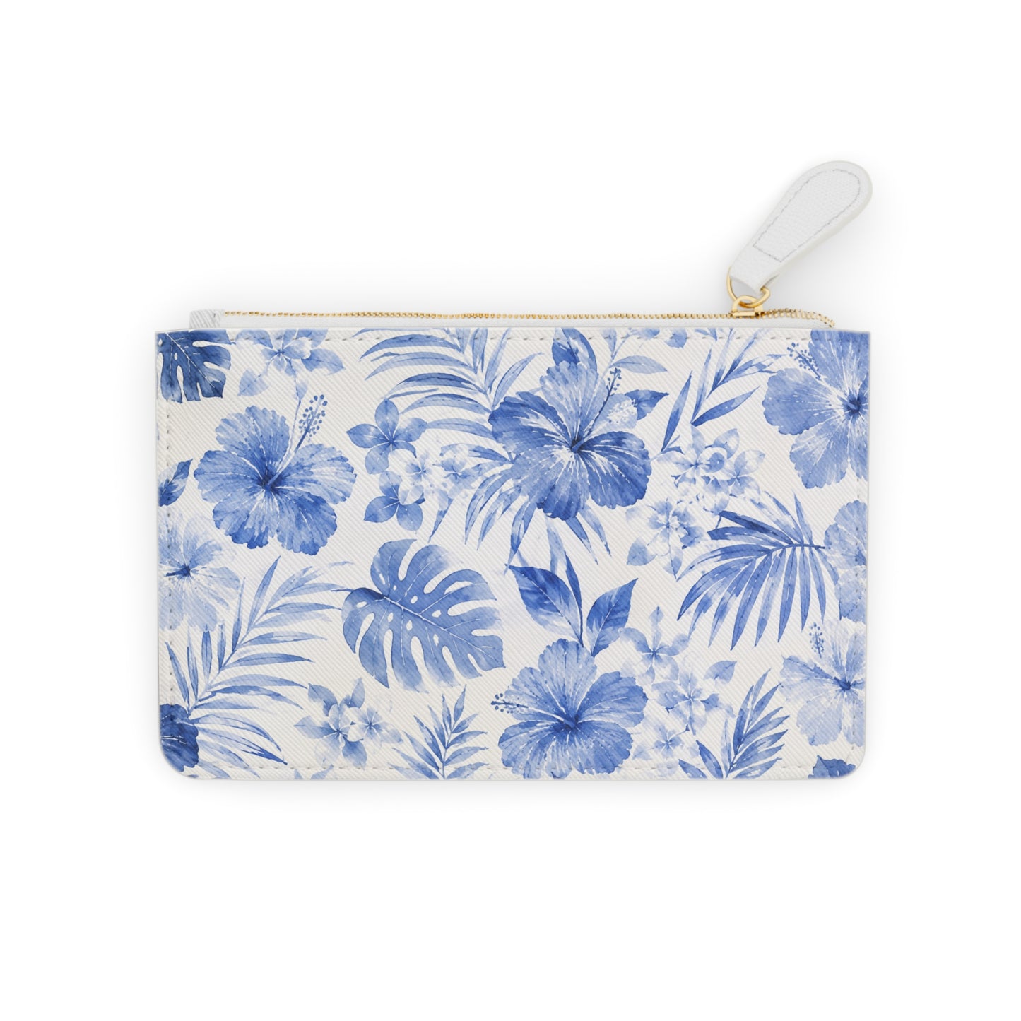 Blue Watercolor Hibiscus Mini Clutch Bag | Tropical Floral Zipper Pouch