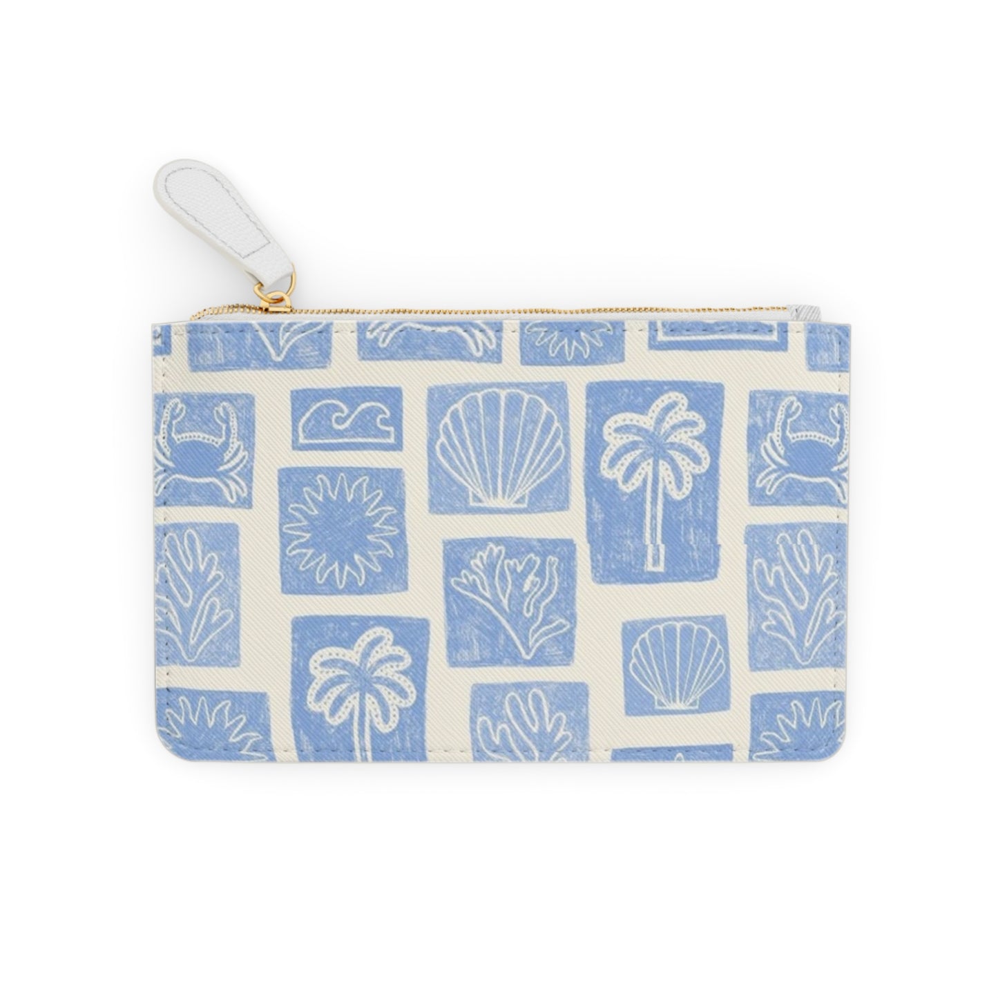 Blue Beach Motif Mini Clutch Bag | Seashell Palm Pattern, Summer Accessory