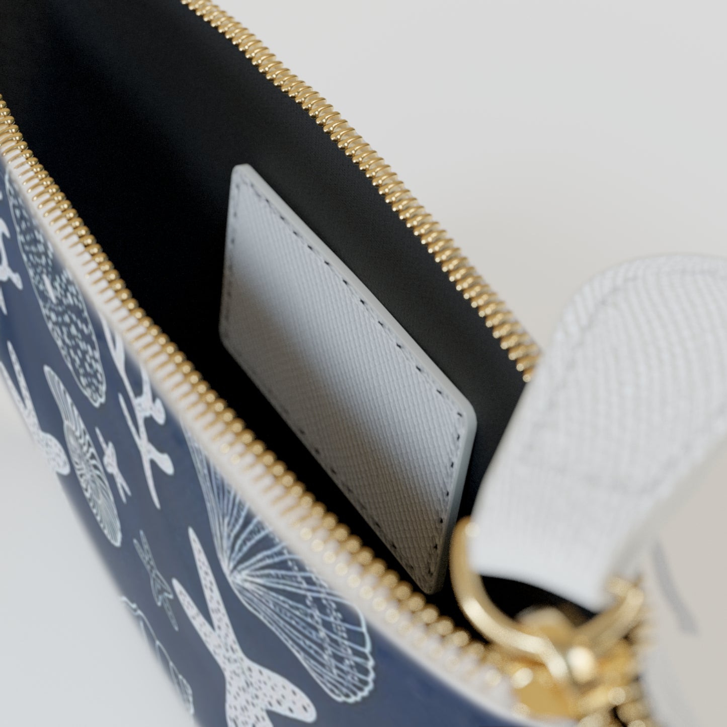 Navy Seashell Pattern Mini Clutch Bag | Coastal Beach Shells, Starfish, Coral