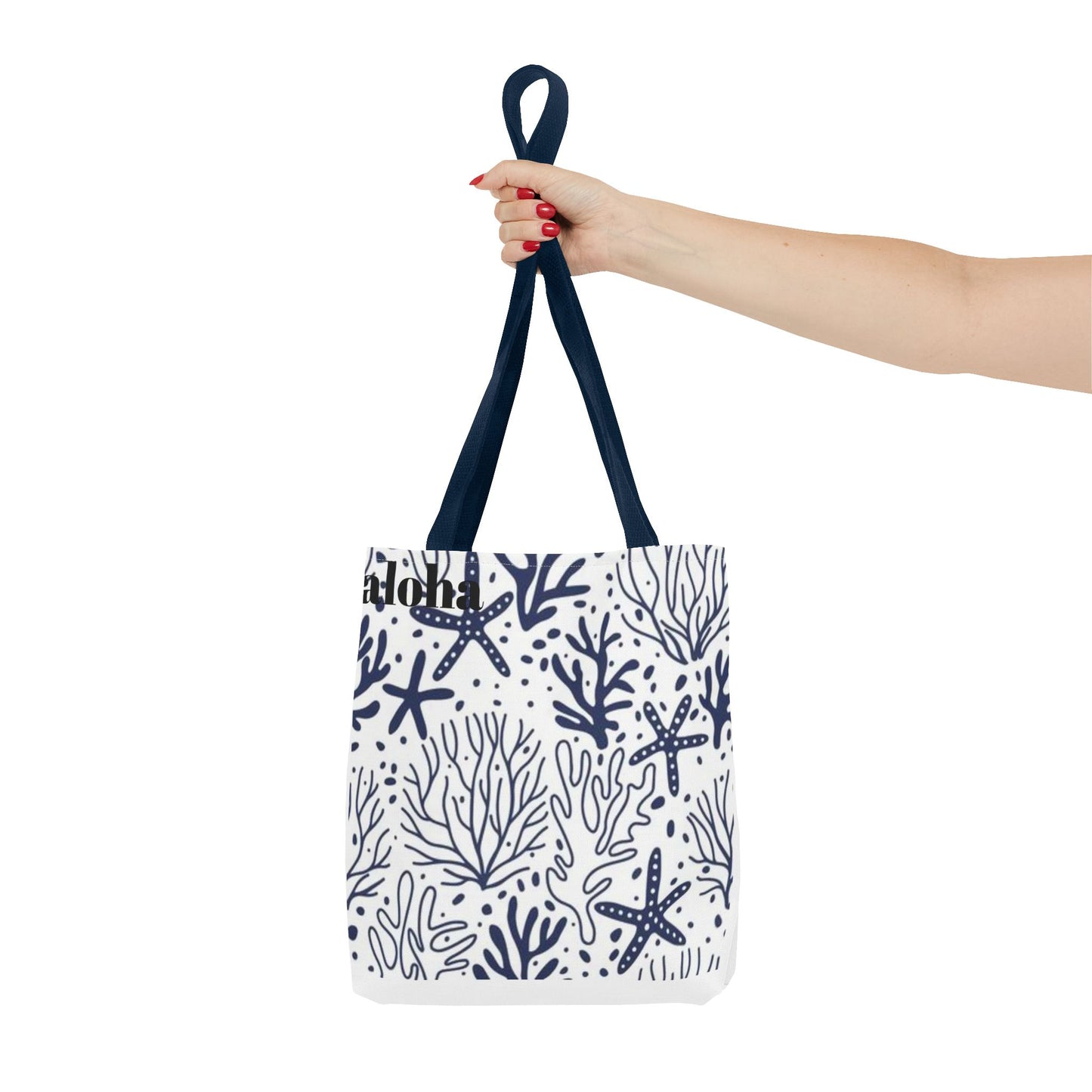 Navy Seashell & Starfish Tote Bag — Nautical Beach Pattern AOP Tote