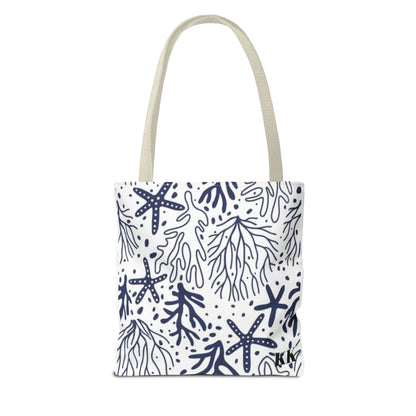 Navy Seashell & Starfish Tote Bag — Nautical Beach Pattern AOP Tote